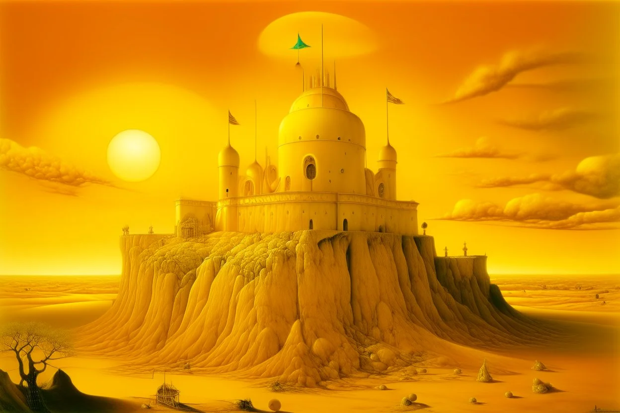 A yellow fortress with glowing halos painted by Salvador Dali