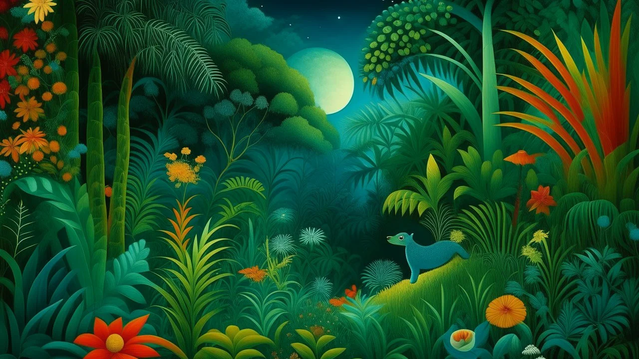 A vibrant, dreamlike jungle scene inspired by Henri Julien Félix Rousseau, with lush greenery, exotic flowers, and majestic animals roaming freely, set against a surreal, starry night sky