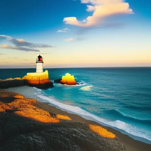 fullbody Drawing of 'beutiful beach, clouds, lighthouse,rocks,beautiful sunset',intricate detail,andrea bonelli,Kilian Eng,Ohrai,evan lee,Aleksandr Sidelnikov,KyuYong Eom,three quarters frontal aerial view,toned colors,16k