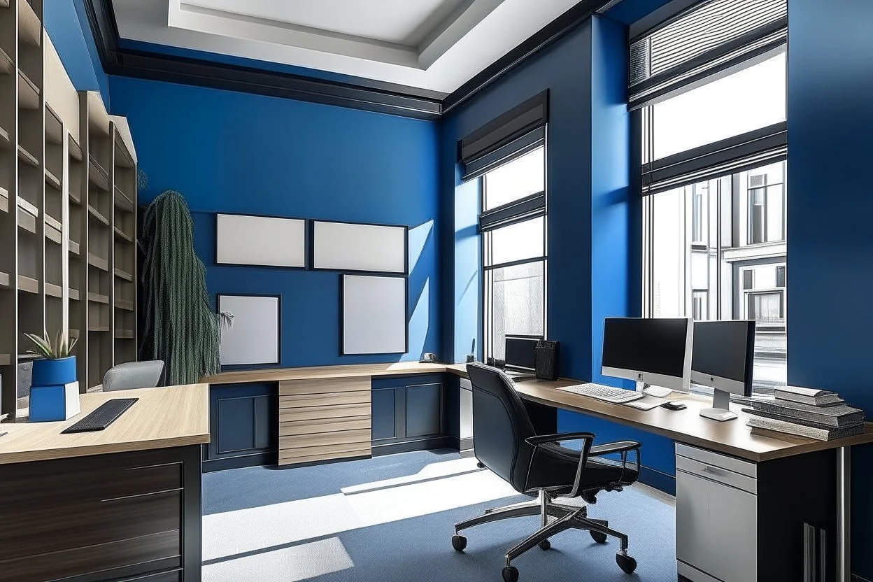 Manager's office with blue and residential walls