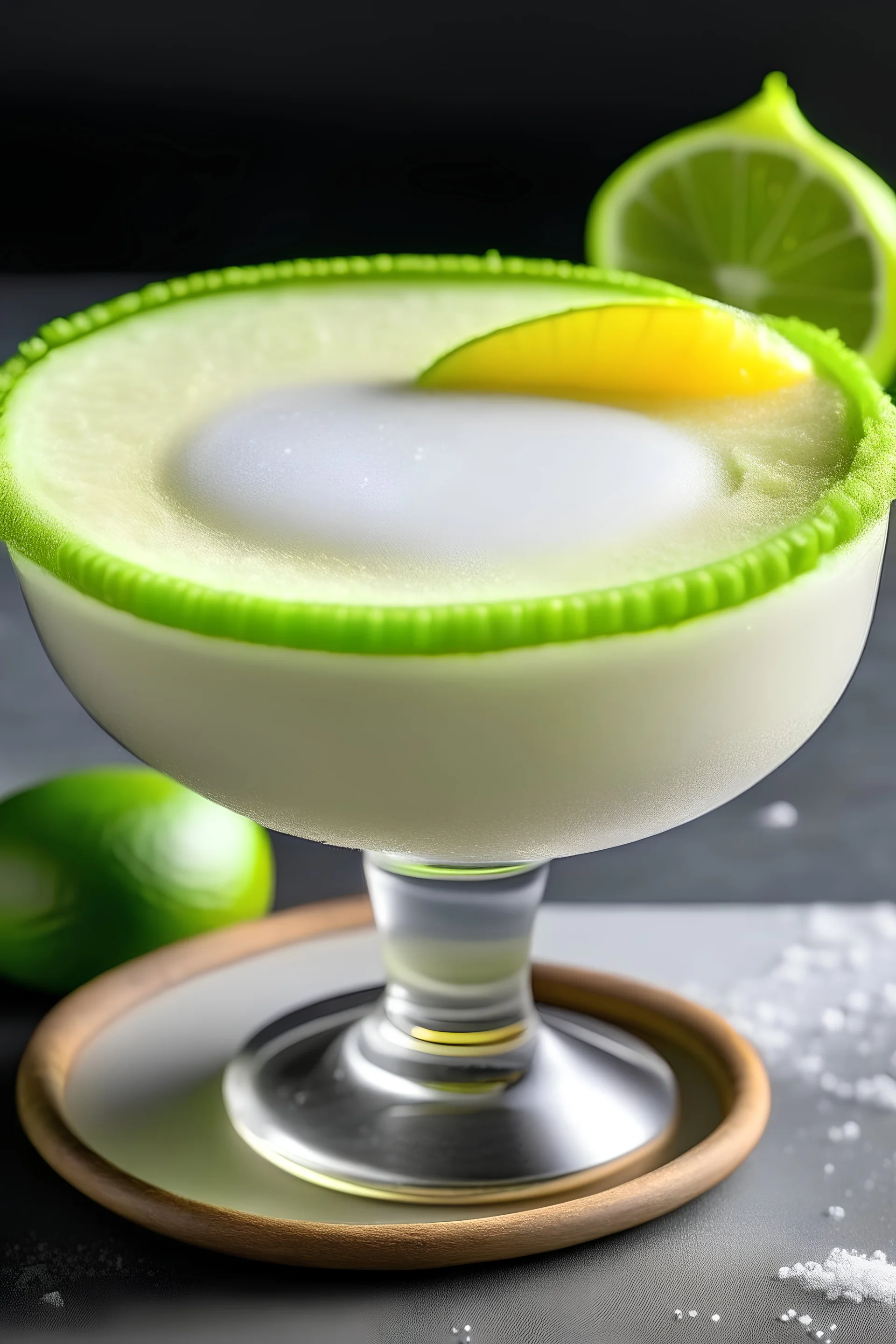 A picture of a frozen margarita with a salted rim and a slice of lime on the side.