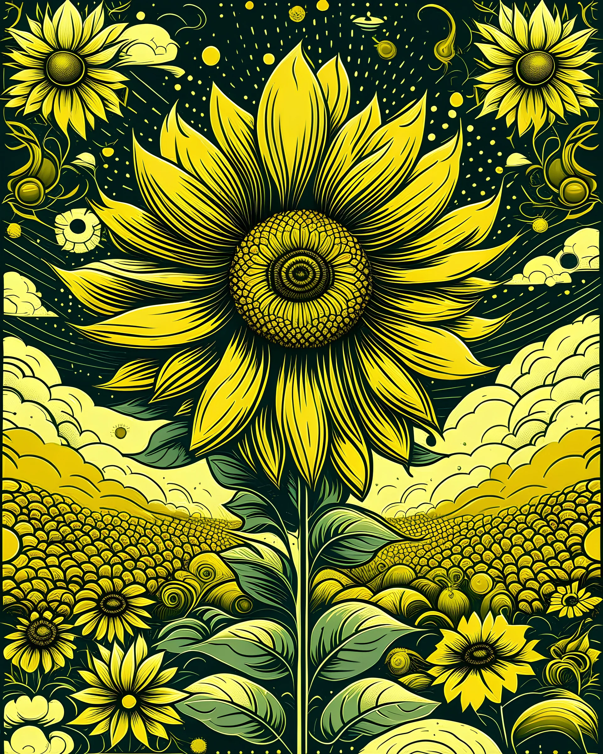 giant sunflower, with beautiful bees flying around, in shephard fairey style graphic, urrounded by golden leaves, sharp detailed graphic, garden background with blue sky and white clouds.