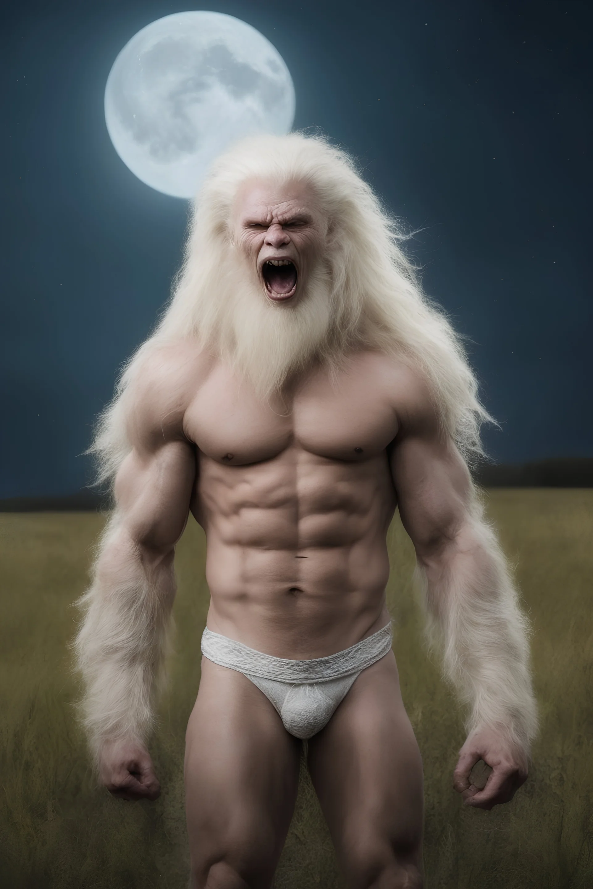 an extremely muscular, extremely hairy, and scary looking long-haired albino werewolf in a field, Extreme reality, photorealistic, realistic, lifelike, Absolute reality, Botany, Starry, Moon lit, Retro Pop, Dark Fantasy, Horror, Festive, Realistic - 32k, UHD, professional quality, 8 x 10 digital photograph