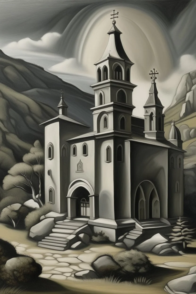 A gray monastery made out if steel painted by Thomas Hart Benton