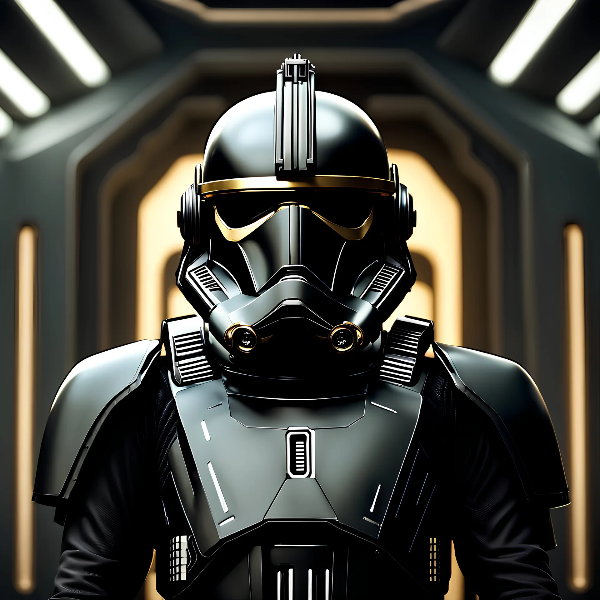 star wars bald male corellian pilot wearing gunmetal grey and black First Order TIE pilot armored flightsuit and helmet with gold trim inside the jedi temple, centered head and shoulders portrait, hyperdetailed, dynamic lighting, hyperdetailed background, 8k resolution, volumetric lighting, light skin, fully symmetric details