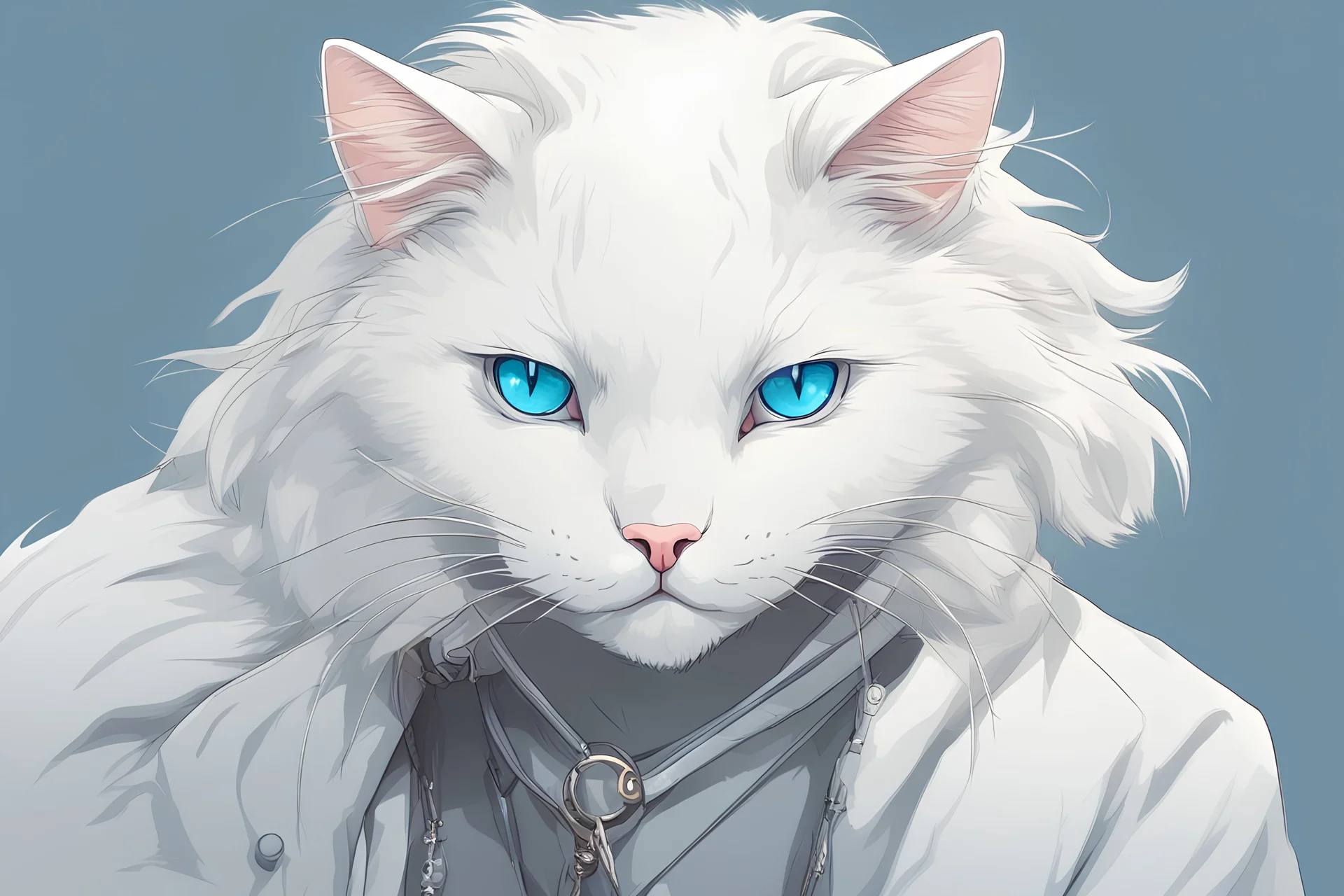 Full illustration of a white cat with blue eyes in anime style