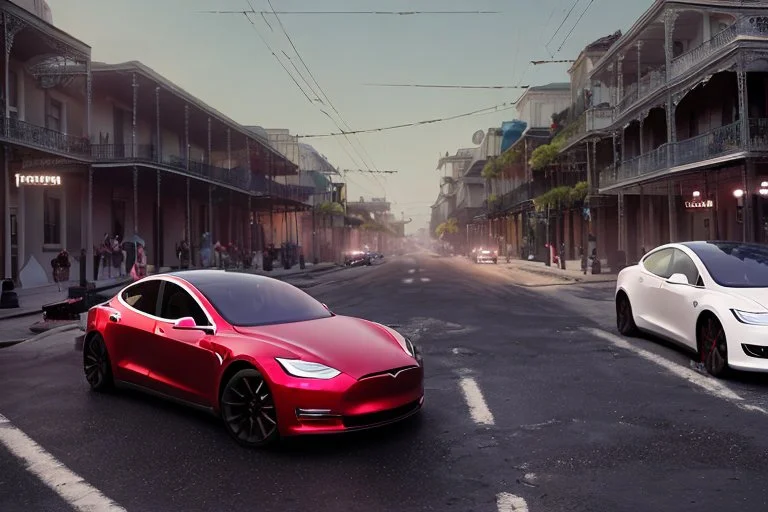 A Tesla 'Model Y' is racing at top speed, on the streets of New Orleans. (CINEMATIC, WIDE ANGLE LENS, PHOTO REAL)