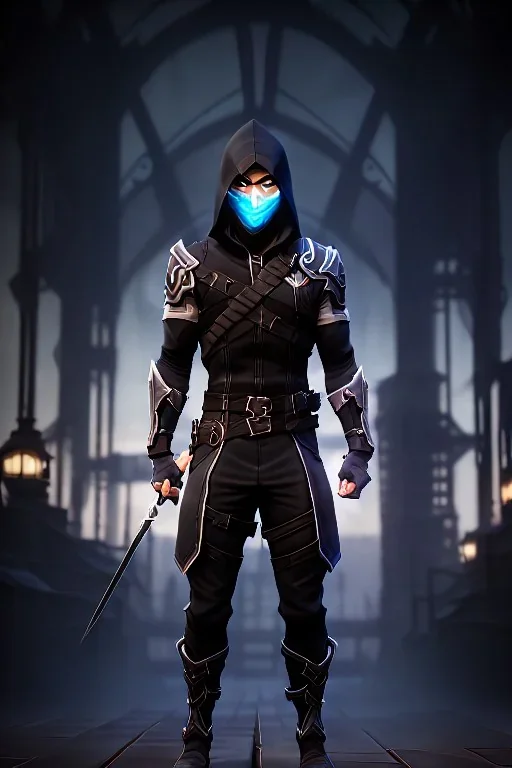 muscular ninja assassin, athletic build, wearing black and gray baggy pants with pockets, dark hood and balaclava mask, buckles, straps, pockets, daggers, tan skin, big boots, dark hazel eyes, eyes are both in proportion, 3/4 look, standing, dark cobblestone alley, one halo candle light behind head, non photorealistic rendering in the art style of j.scott campbell