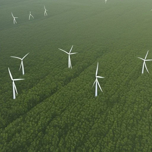 Aerial Drone Footage of Wind Turbines in Rural Area with Green Forests and Fields