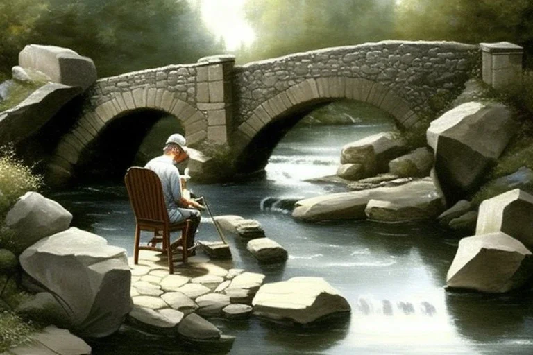 an artist with an easel sits on a chair next to a little stone bridge, he is painting. highly detailed, smooth colours