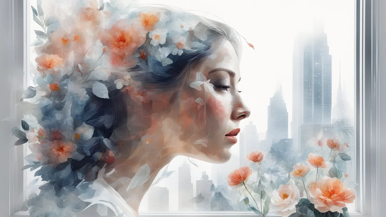 white background, Double exposure, woman, city, window, room, flowers, detailed, fine rendering, high detail, high resolution, 8K, Double exposure, abstract, illustration, gouache, detailed painting