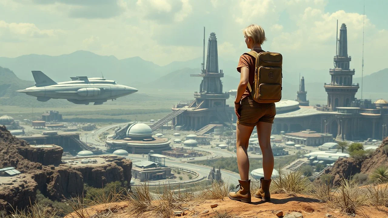 A photorealistic image of a slender 60-year-old woman, in brown shorts, a shirt and boots, with a backpack, standing on a hill looking down on a futuristic derelict sci-fi spaceport with spaceships and alien buildings.