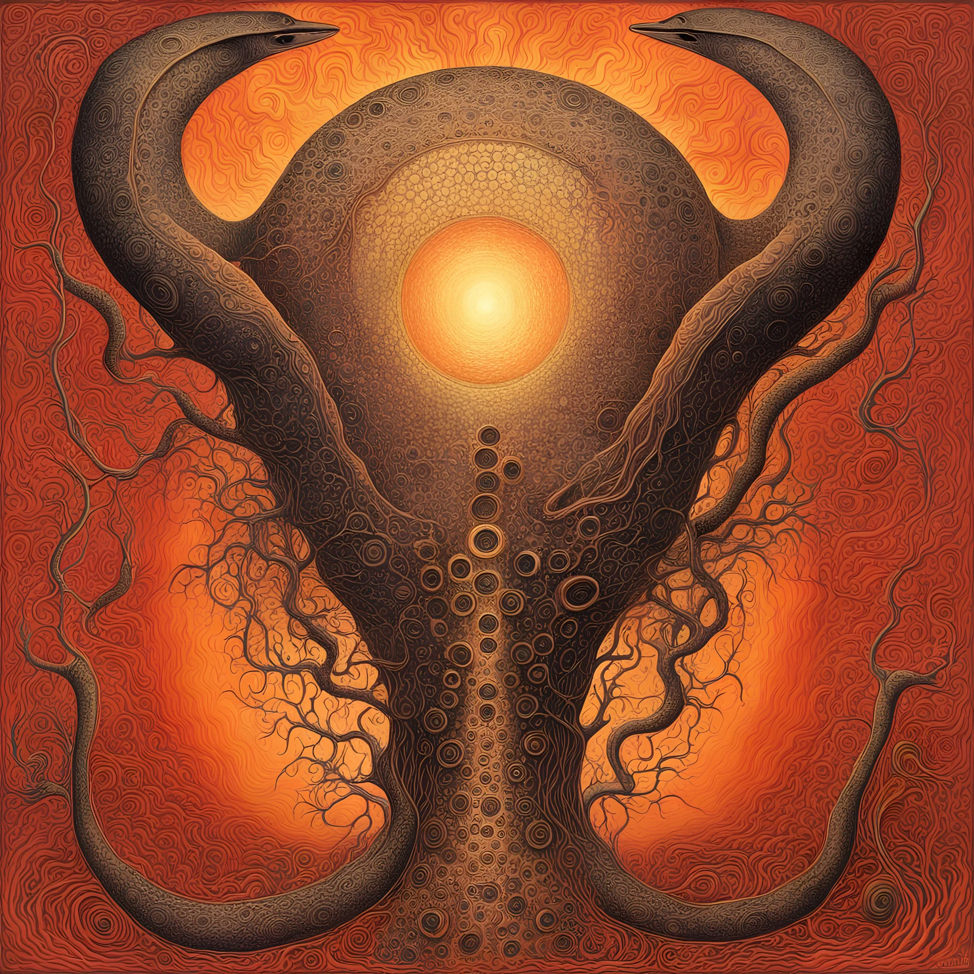 Braille art, abstract surrealism, by Alex Grey by Zdzislaw Beksinski, silkscreened mind-bending illustration; warm colors, electronic album cover art, asymmetric, Braille language glyphs, blacky snake away