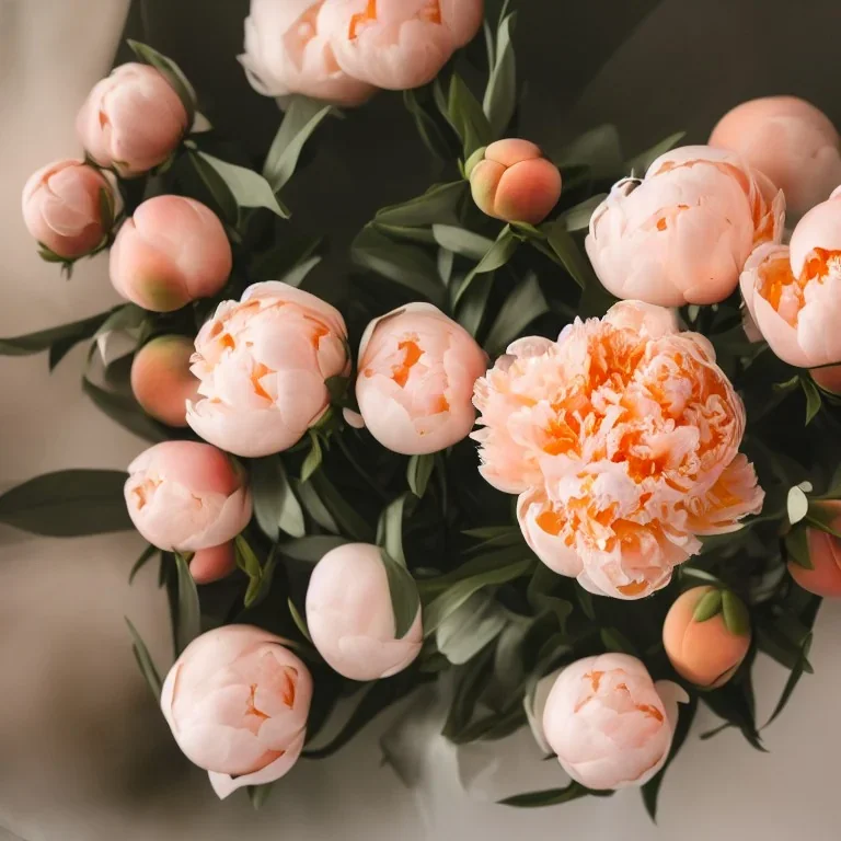 cinematic shot of peonies made from peach tulle in a glass bowl, warm lighting, soft lighting, sun light effects, linen, luxurious