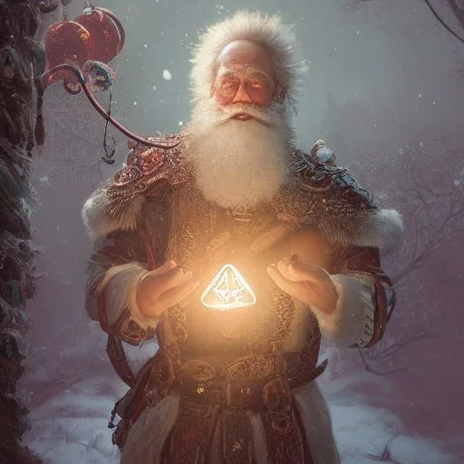 Insanely detailed photograph of an “D&D cleric santa holding glowing D20” with intricate detailed beard, intricate embroidered clothing, hyperdetailed painting by Ismail Inceoglu Huang Guangjian and Dan Witz CGSociety ZBrush Central fantasy art album cover art,8K, hdr, mysterious, ominous, snowflakes,jolly