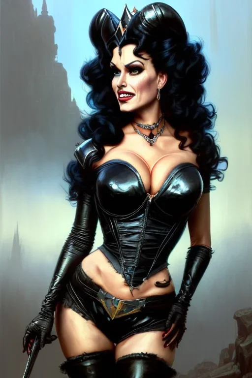 painting of lisa ann as evil queen in black leather, feminie, angry, stern look on her face, volouptous, busty, cleavage, emperious, mature, highly detailed, digital painting, artstation, concept art, smooth, sharp focus, illustration, art by gaston bussiere and alphonse mucha