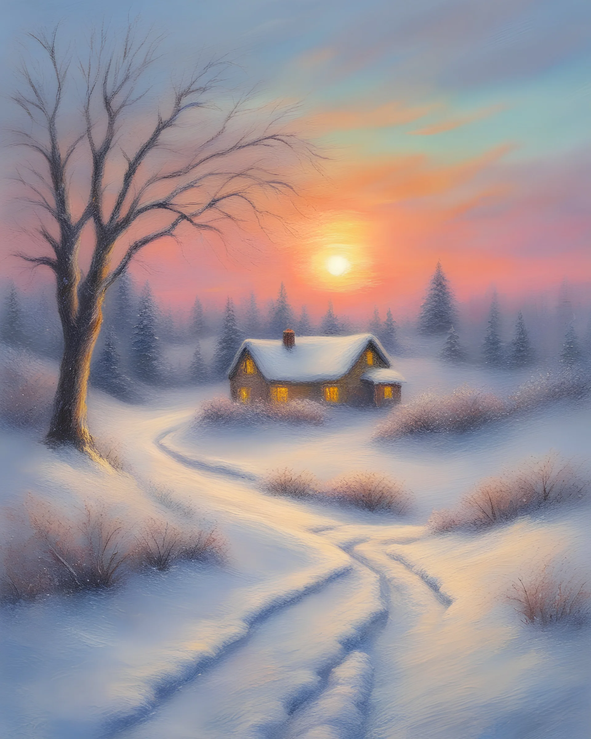 Painting of a snowy winter sunset on the plain, oil pastel painting, oil pastel style, beautiful painting, winter, snow, sunset, vibrant colors, painted by Thomas Kinkade, masterpiece, detailed oil pastel details, high quality, 4k