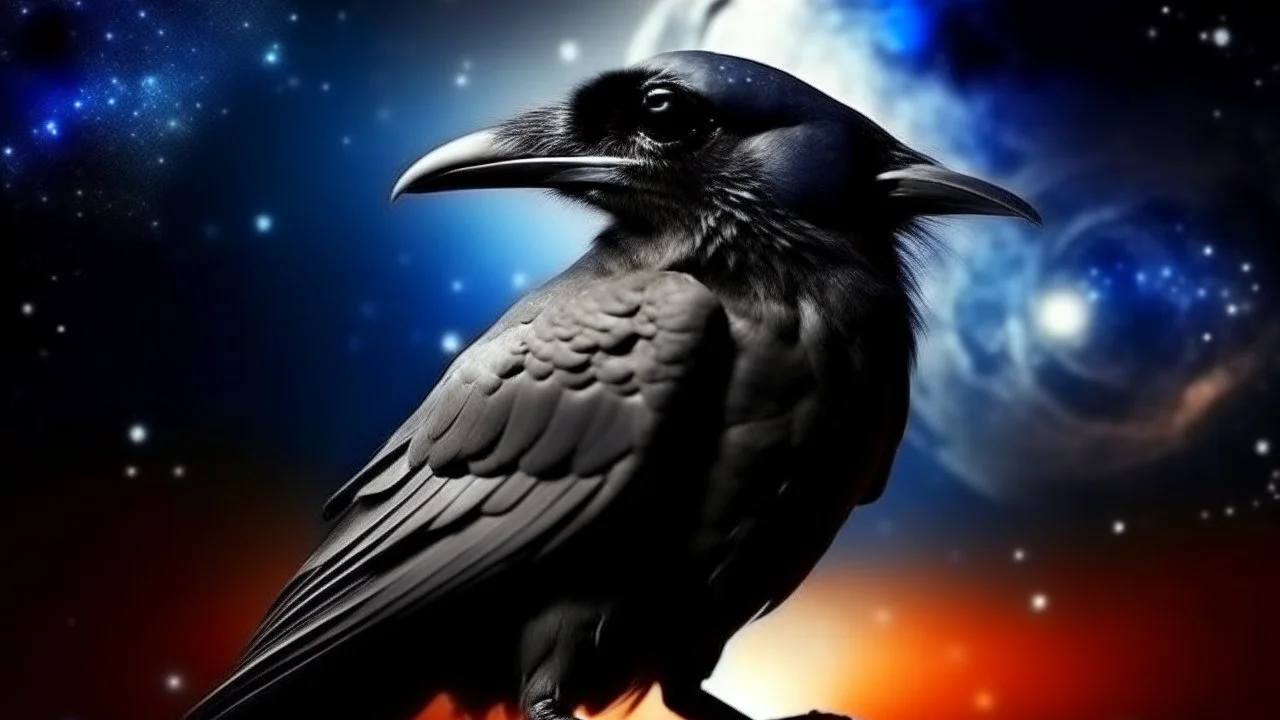 Crow in a space an the background of planets