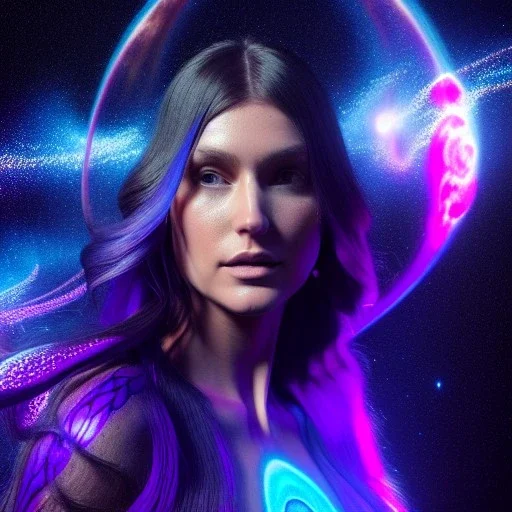 "perfect long-haired woman, full face tattoo of fractal art and galaxies extending past face and morphing into reality, 8k resolution, high-quality, fine-detail, intricate, digital art, volumetric lighting, octane render