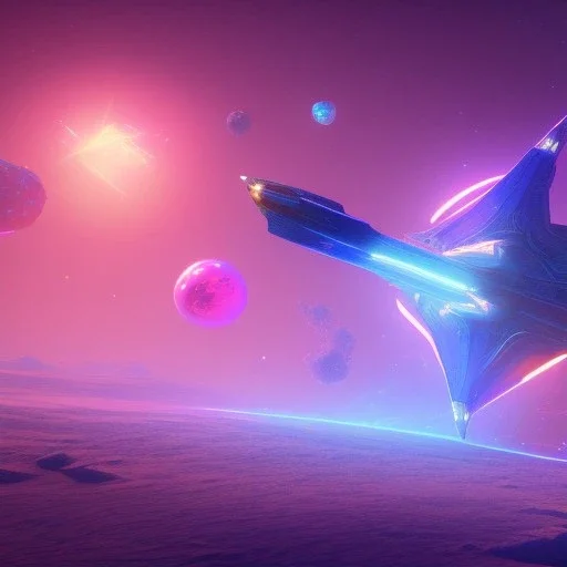 a crystalised blue pink spaceship, gold, diamonds, lightbeams, cosmic background, atmospheric, realistic, unreal engine, 8k. Cinematic lighting, octane render.