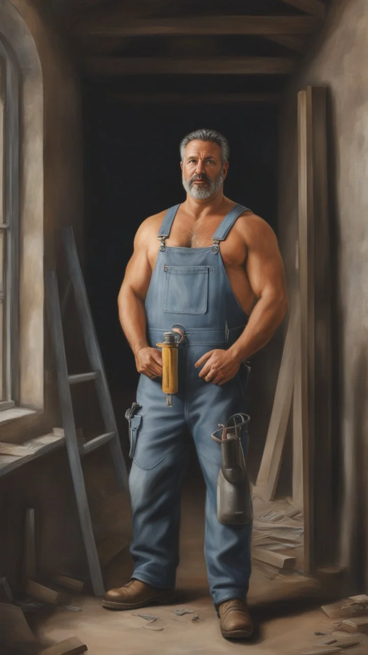 massive strong burly beefy italian painter construction worker 43 years old, short hair, short silver beard, shirtless in bulging overalls, big shoulders, big calves, barefeet, shy smling, photorealistic, side light, inside a dark building under construction