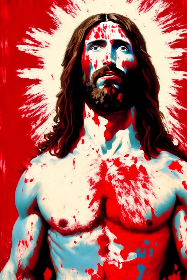 "Beefcake Jesus" depicts a satirical portrait of Jesus that has had red paint splattered on it by Fundamentalist protestors