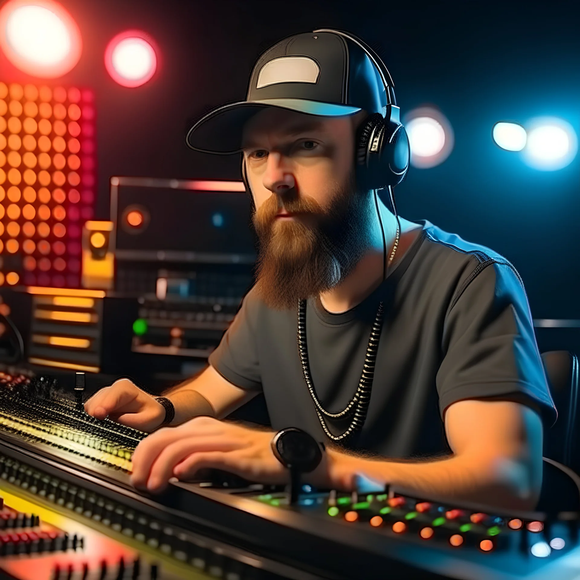 A short brown beard DJ with a baseball hat on his head, sing at microphone, many electronic consoles at club, laser lights, FRONT VIEW