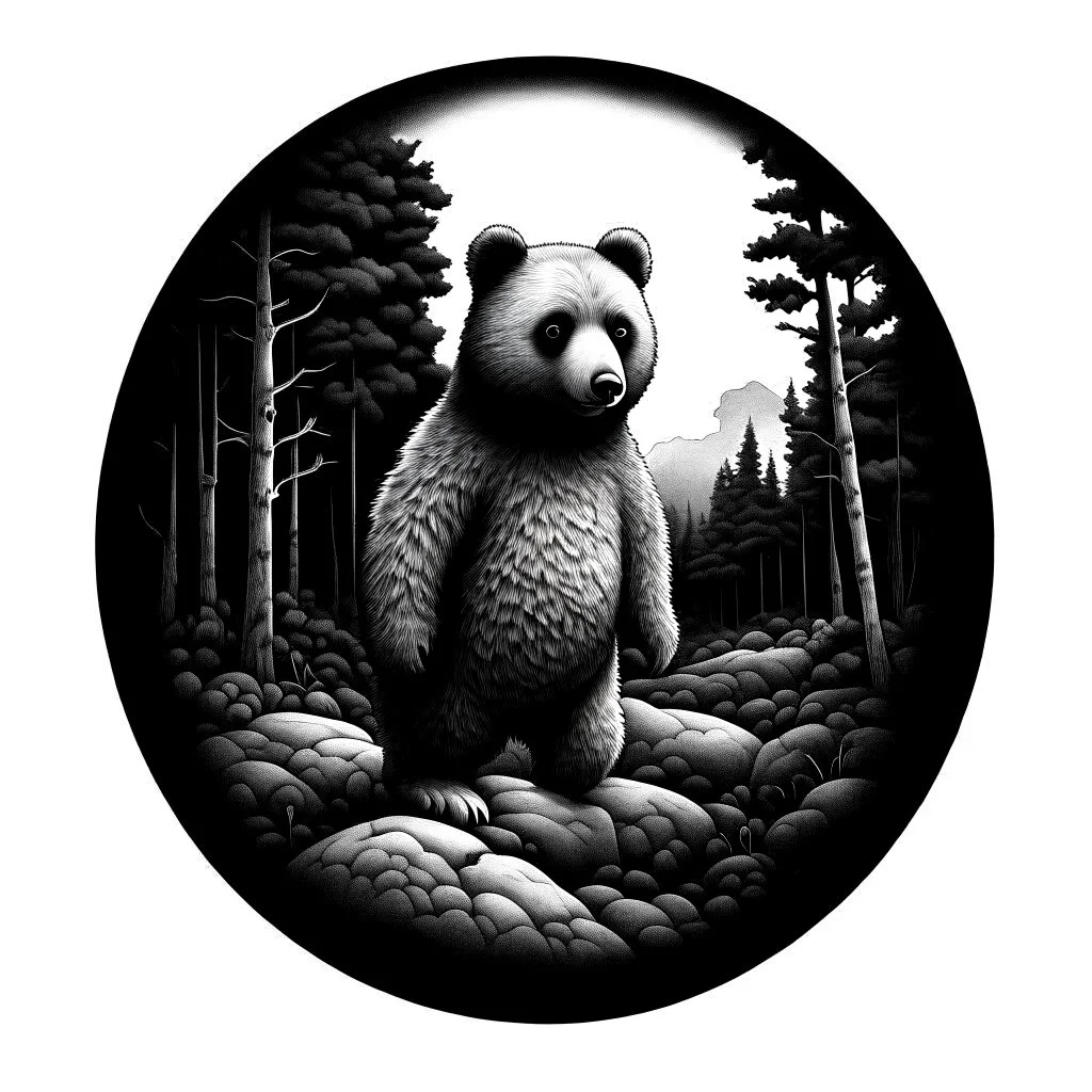 Sticker design on white background, Teddybear walking in a forest, in Gustave Dorè art style, side light, high details, photorealistic, monochrome, black and white