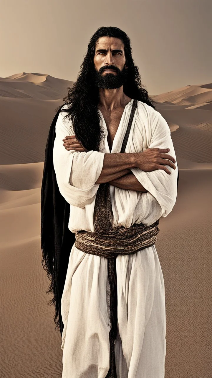 An Arab man in the desert, tall and strong, with long black hair and a thick beard. A long face, a large nose, a thick face, and sharp black eyes. A solid and muscular body with a strong build.