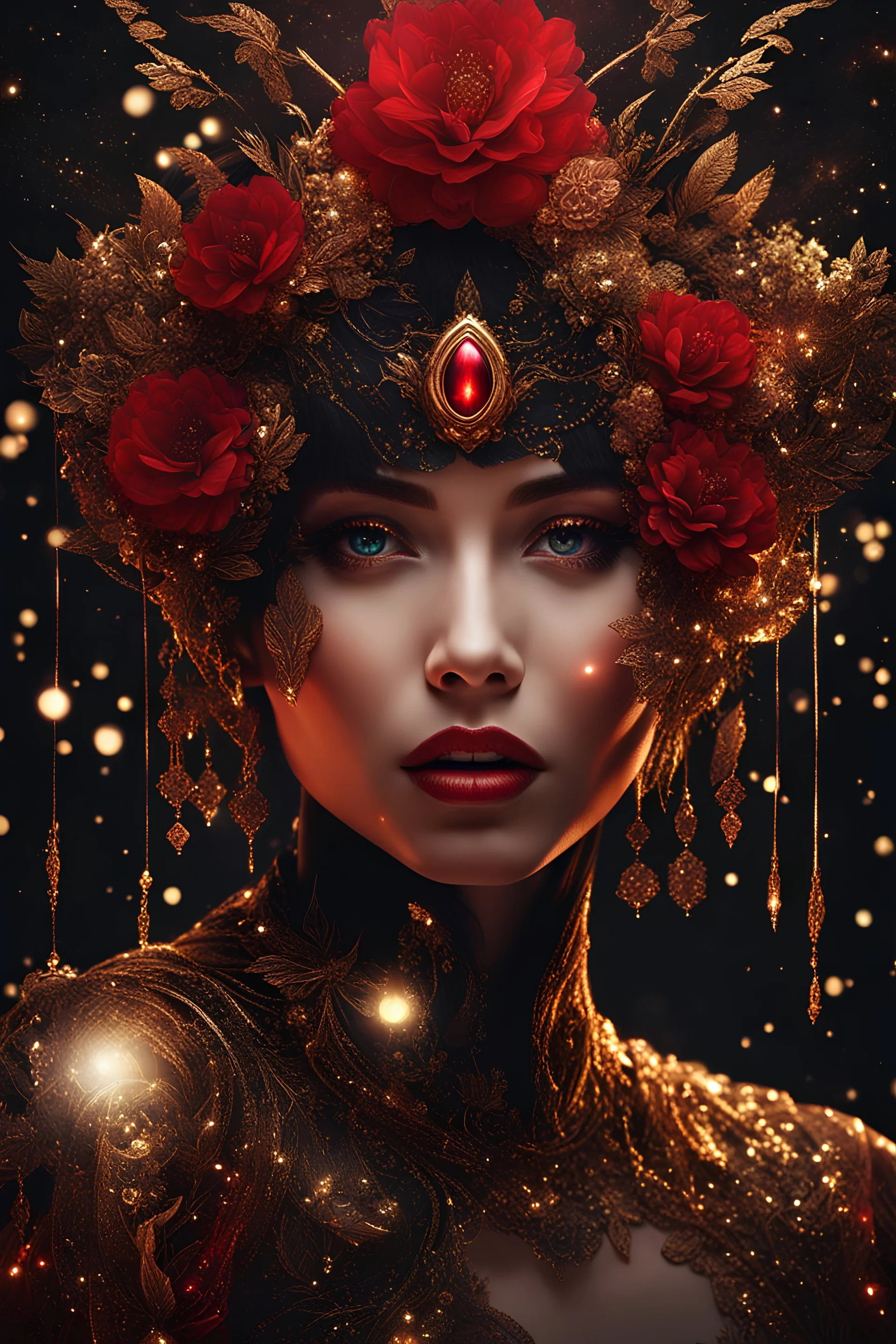 black and red and gold theme, close-up bioluminescent sparkling face of a woman surrounded by gold sparkles and black flowers, crimson red dyed face, expressive and mysterious, universe in eyes, eyes pointed upwards, in a mysterious dark landscape, detailed matte painting, fantastical, intricate detail, splash screen, colorful, fantasy concept art, 8k resolution, Unreal Engine 5, centered, high contrast sharp focus, black and red theme, glossed and polished