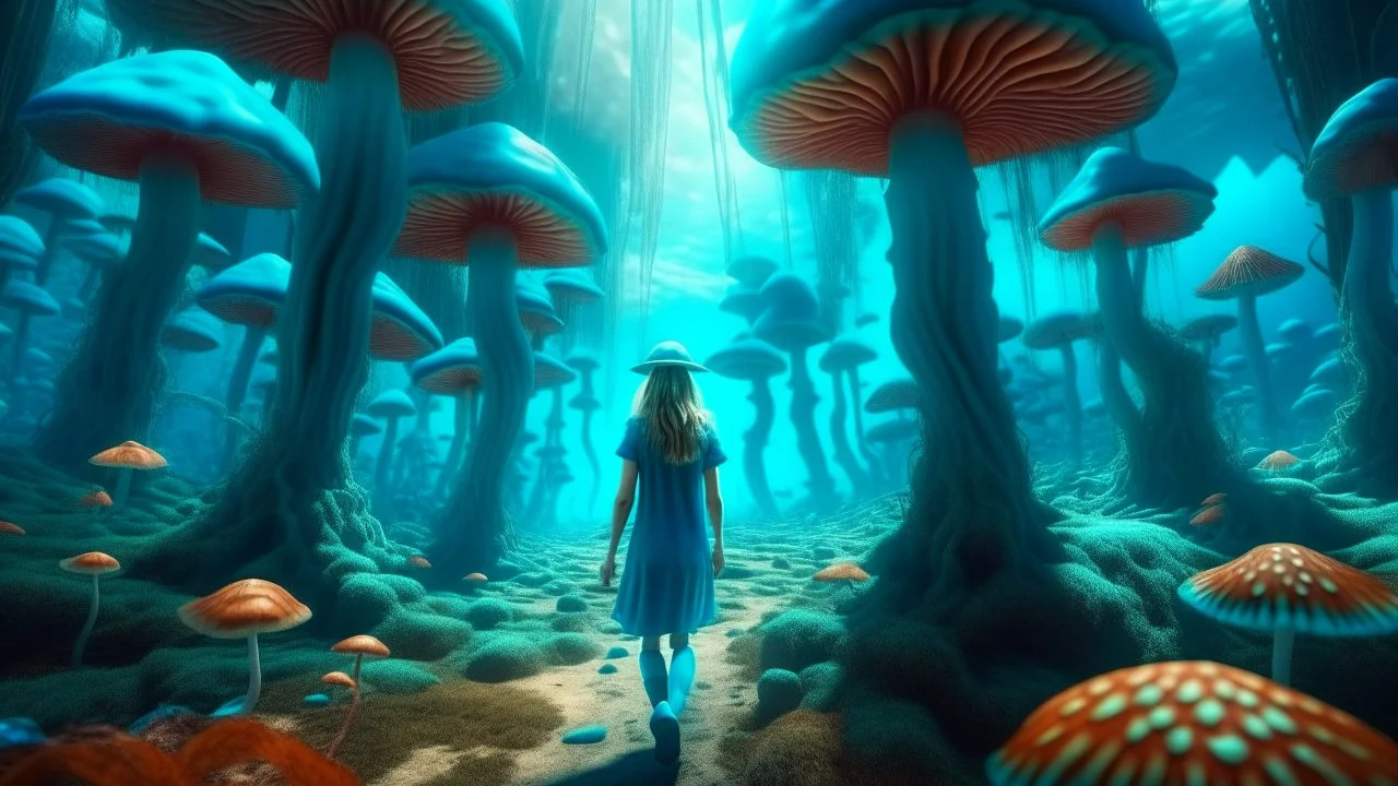 woman walking through Alien mushrooms with jellyfish tentacles, floating through an alien forest, in a huge cave, floor covered in mushrooms, photorealistic, Deep Colour, Intricate Detail, sunshine, blue sky