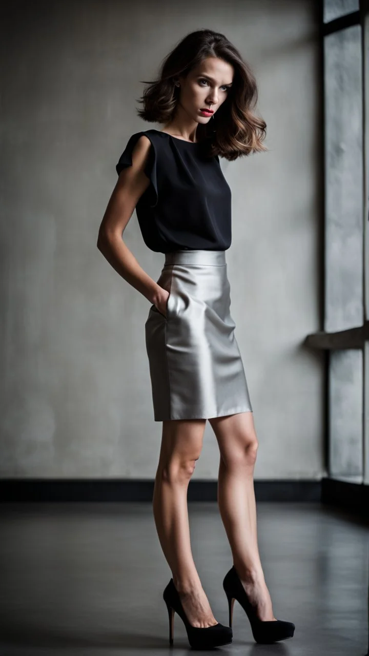 beautiful anorexic secretary, total shot, short silver satin skirt, nylons, short brunette wavy bob hair, blurred concrete background