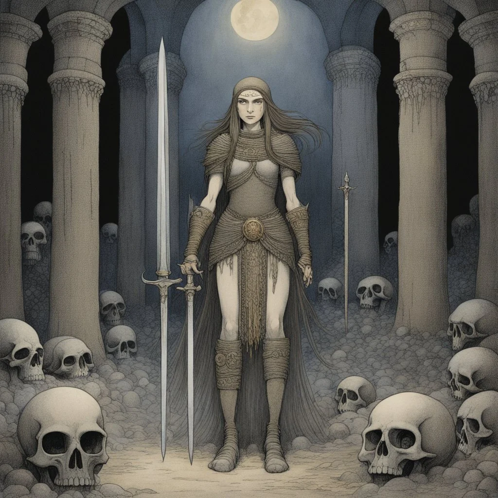 [art by john bauer] In the dark depths of the ruins of an ancient lost kingdom, Valkira, a legendary warrior, strode fearlessly among the giant skulls scattered across the ground. Armed with her enchanted sword and clad in light yet sturdy armor, she was the last of her order, known for her bravery and combat prowess. Each skull represented a past battle, vanquished enemies, and secrets buried under layers of dust and death. Valkira was not here by chance. An ancient prophecy spoke of an artifac