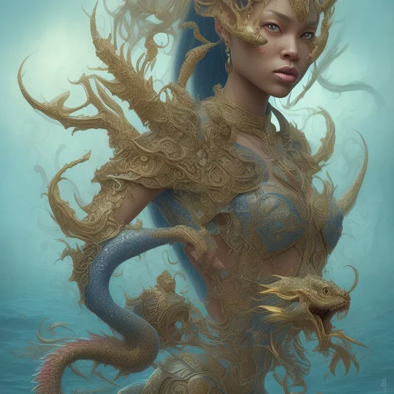 sango fantasy, fantasy magic, intricate, sharp focus, illustration, highly detailed, digital painting, concept art, matte, artgerm and paul lewin and kehinde wiley, masterpiece sexy lips Asian afro lips black African lady body mermaid blue Dragon head golden space lady sea under water mermaid pretty skull