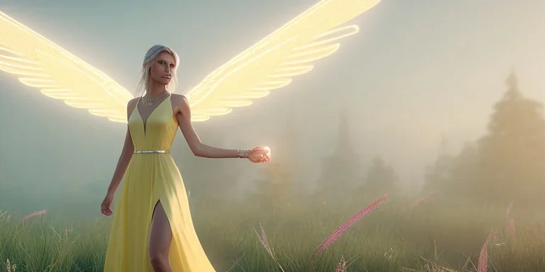 subtle queen, atmospheric, realistic, unreal engine, cinematic lighting, octane render, transparent long dress, blonde, full body, bright wings, smile, long hair