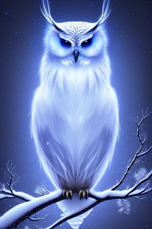 Beautiful snow owl in a magical forest with magical cosmic sky.