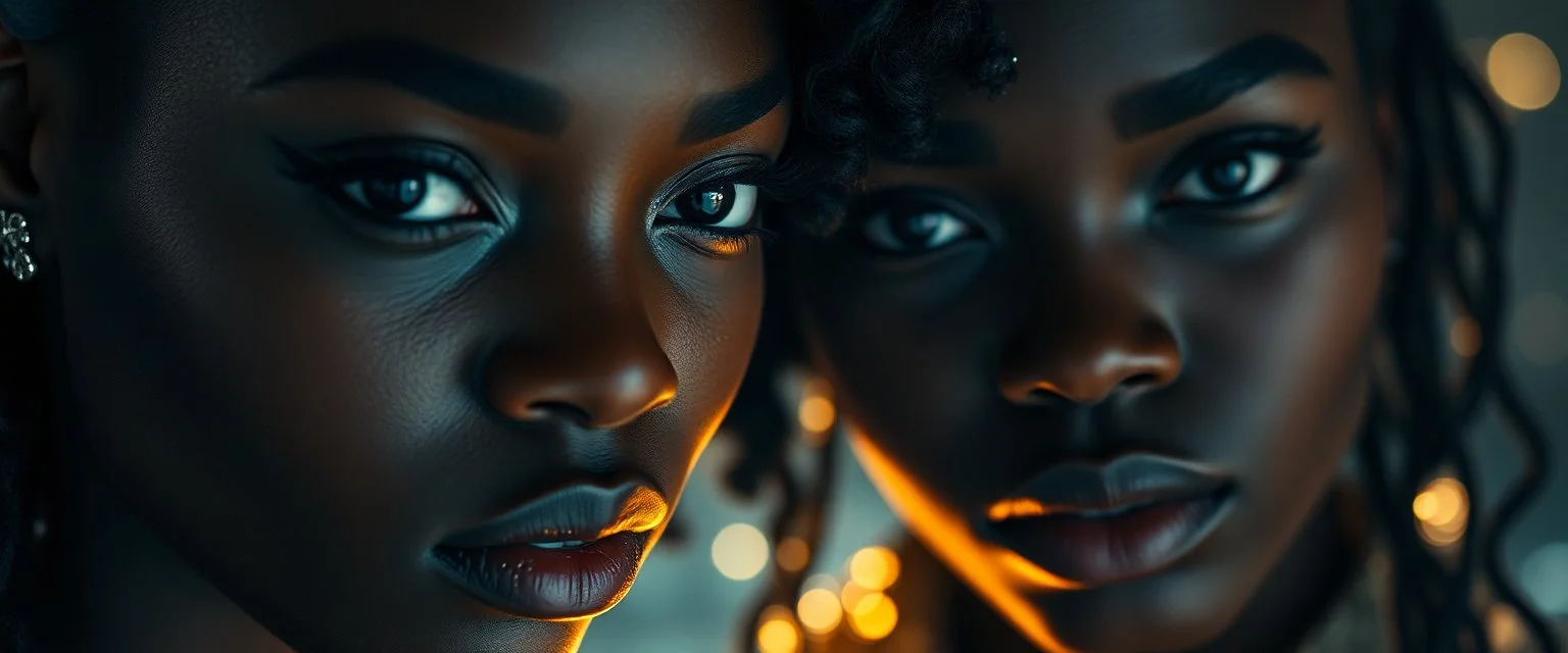 Close up portrait, From the shadows, they rise, with a spark in their eyes, Ethereal echoes of a world we once knew, With the glam and the glamor, we reach for the skies, Cosmic rhythms pull us through, [Chorus] Suti came for our world, with the power to ignite, Dancing through the stars, we find our light.