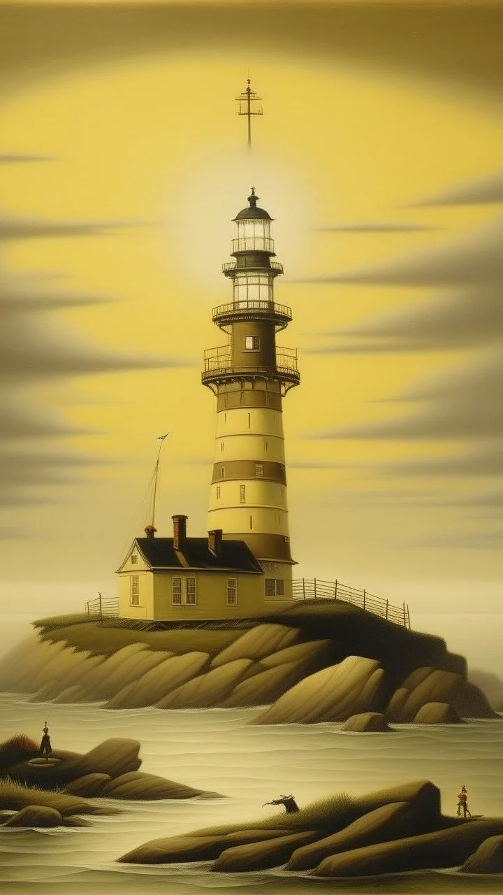 A flesh colored lighthouse on a bay in the fog painted by Edward Hicks