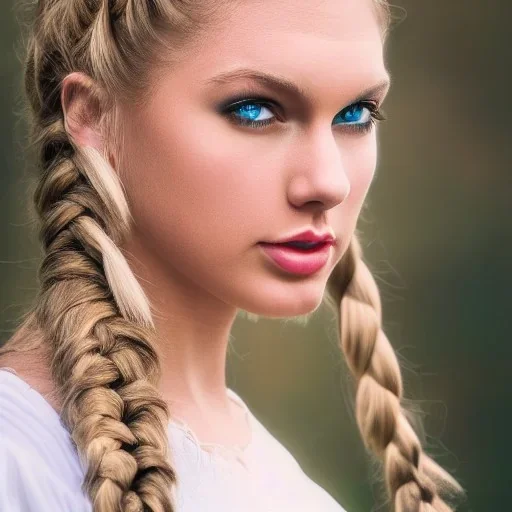 beautiful young queen with white armor, delicate white braided hair with ponytail, glass eyes, highly detailed, 8k, ambient light, taylor swift