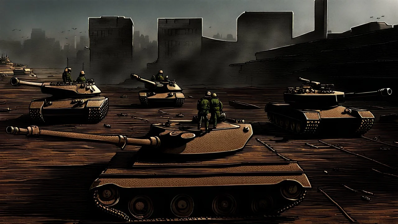 Israeli soldiers and tanks stand on a very large chessboard in the middle of a destroyed city