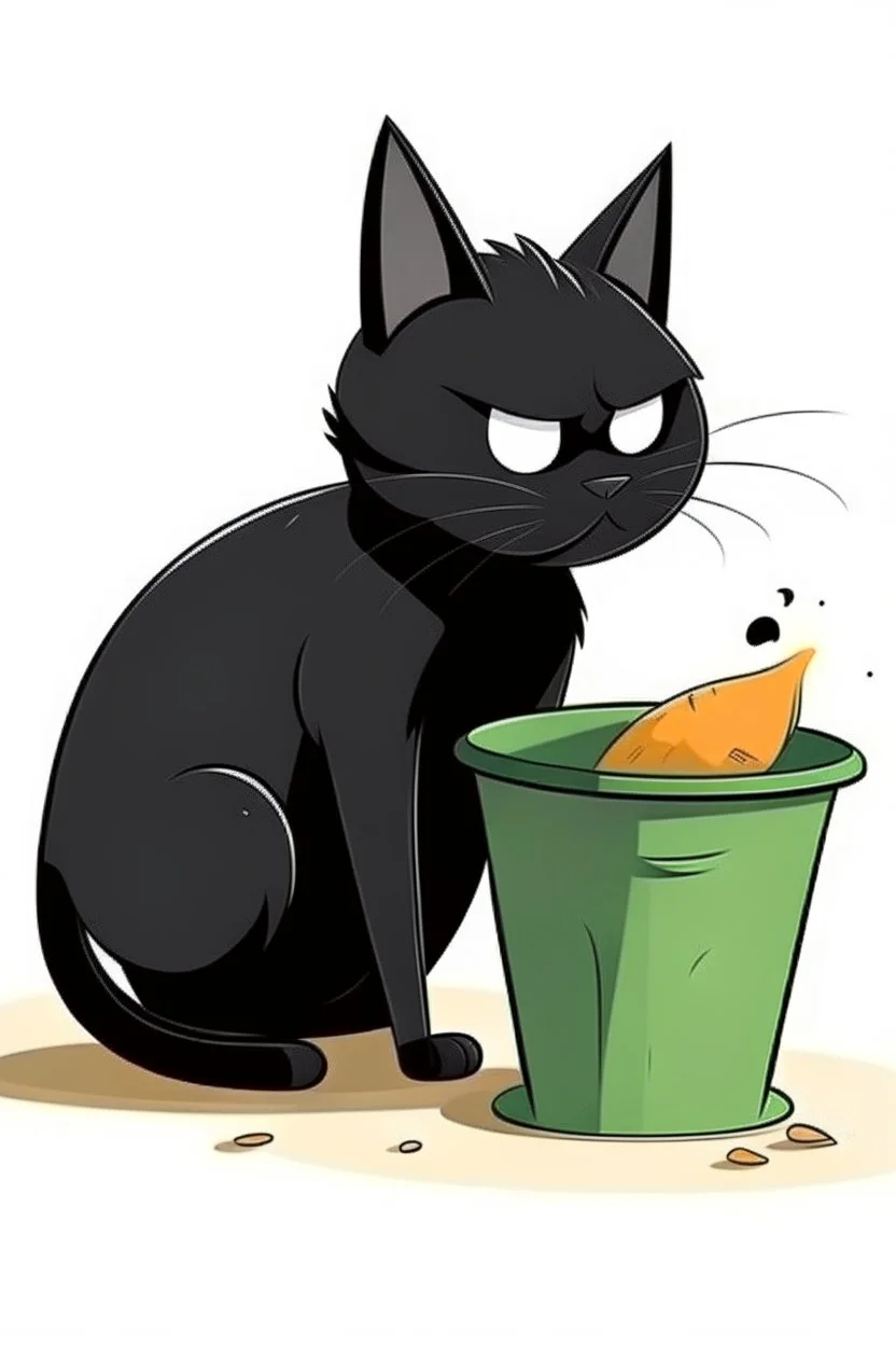 black thin cat cartoon eating from dustbin