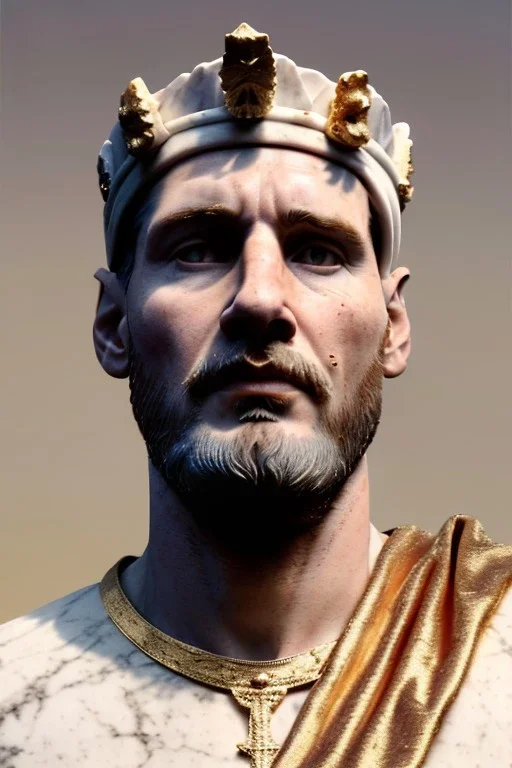 Realistic image, Roman sculpture made in white marble with gold veins, Lionel messi with gold laurel leaves crown, decorative star on the chest, waist up portrait,marble material, gold ornaments, Renaissance style, sun rays background, epic, celestial, cinematic lighting, God lights, 4k resolution, smooth details, soft lighting, unreal engine 5, art station, substance 3d.