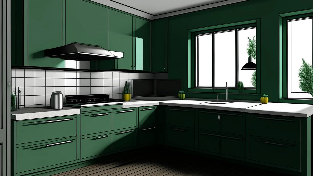 kitchen with dark green furniturel, on the left side next to the window there is a microwave and oven installed in the furniture, and on the right side 5 cm from the induction hob and a kitchen hood above it,