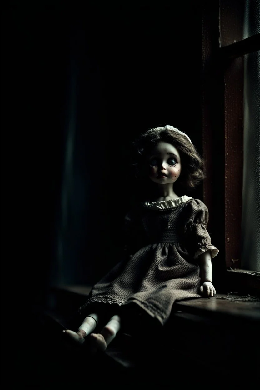 looking at the camera a high realistic porcelain doll, old, dirty with old dress, sitting on shelf, in background blur cracked window. The figure has cracked face and head, and big black eyes. High contrast, cinematic, thriller, dark, atmospheric. Surreal style , perfect composition, sharp focus, intricate details, crepy stunning