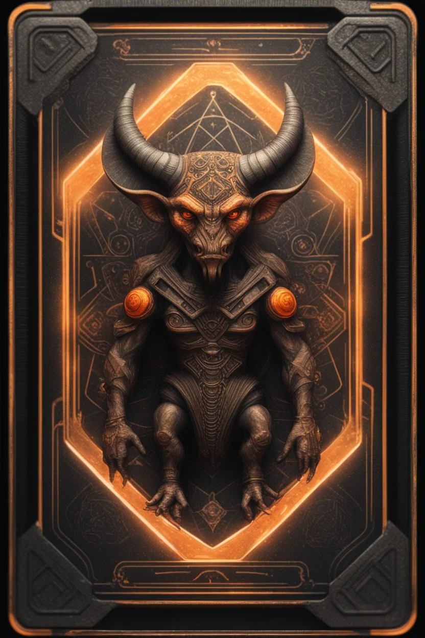 sacred geometry framed playing card, black and orange minotaur gremlin with shadows boss card in the style of Giger and fallout 4 ,,bokeh like f/0.8, tilt-shift lens 8k, high detail, smooth render, down-light, unreal engine