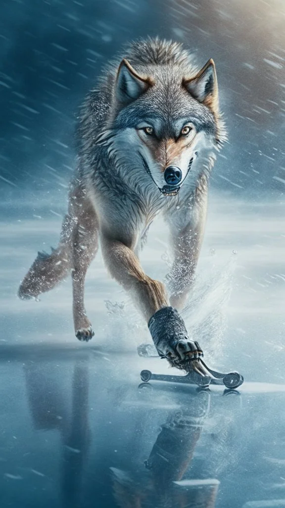 Wolf, skating on ice, realistic image, movie scene hdr 8k