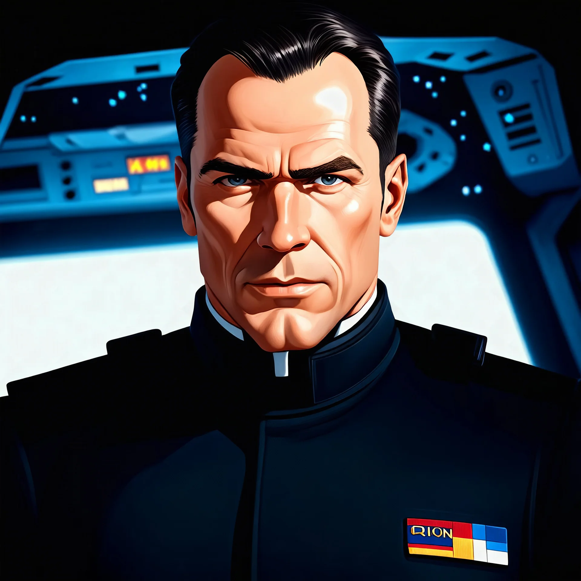 Photorealistic Portrait of Cliff Allister McLane, captain of the starship *Orion*, with short dark hair, a strong jawline, and a confident expression. He wears a black uniform with a high collar and no emblems or insignia. The background shows a sleek starship bridge with glowing control panels and stars visible outside.