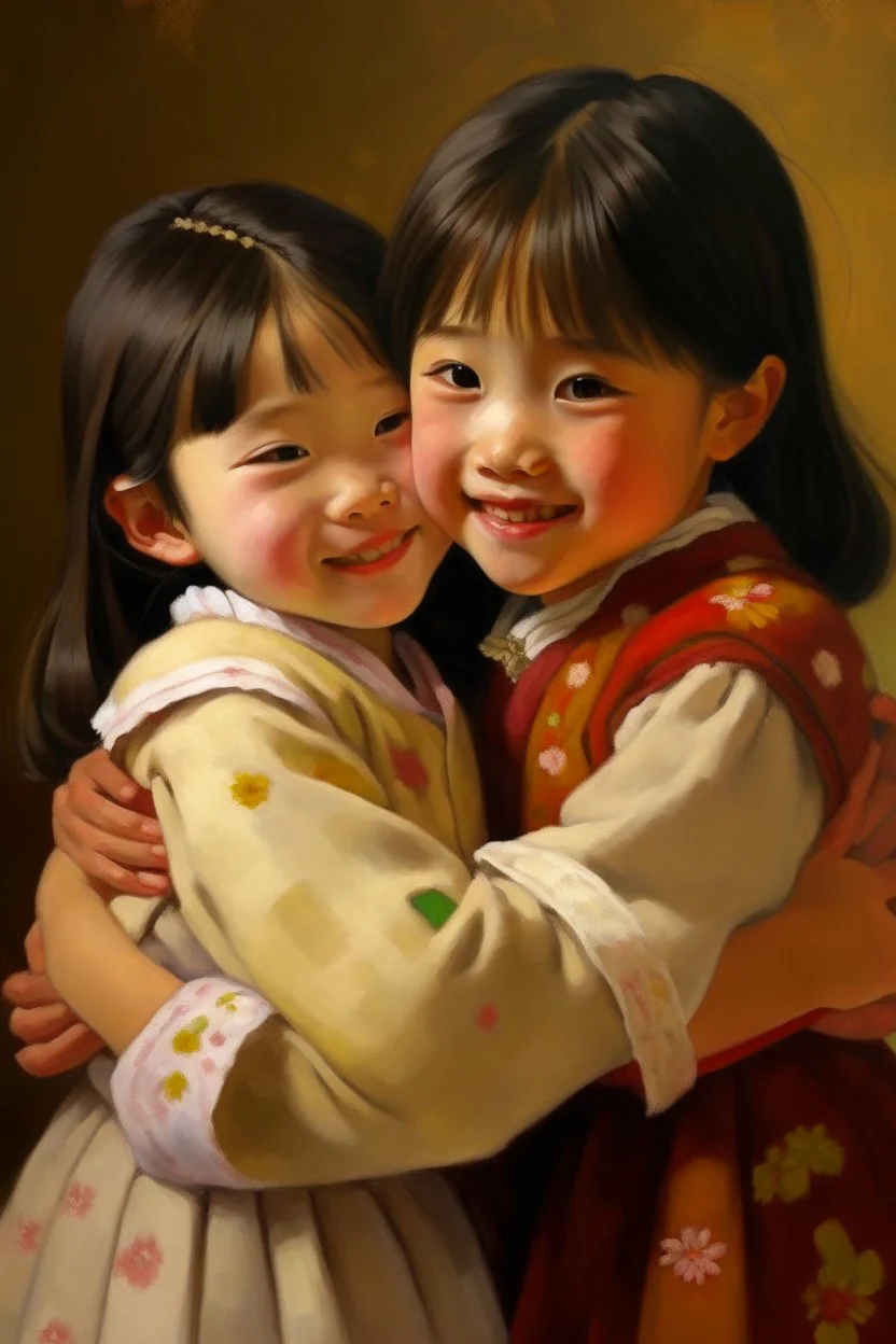 japanese childeren girls hugging each other and smiling painting neoclassism