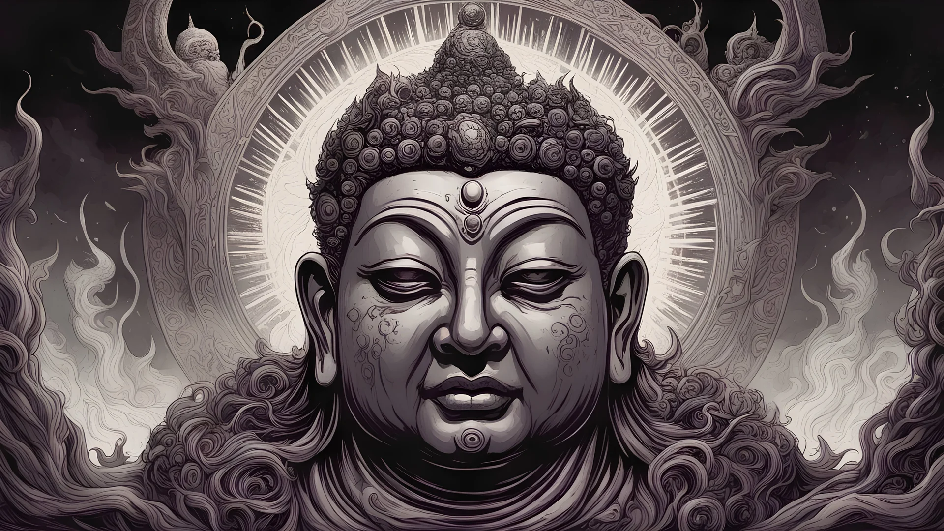 Evil Buddha || horror, arcane, expansive, by DZO Olivier, by Godmachine, by Dave Kendall