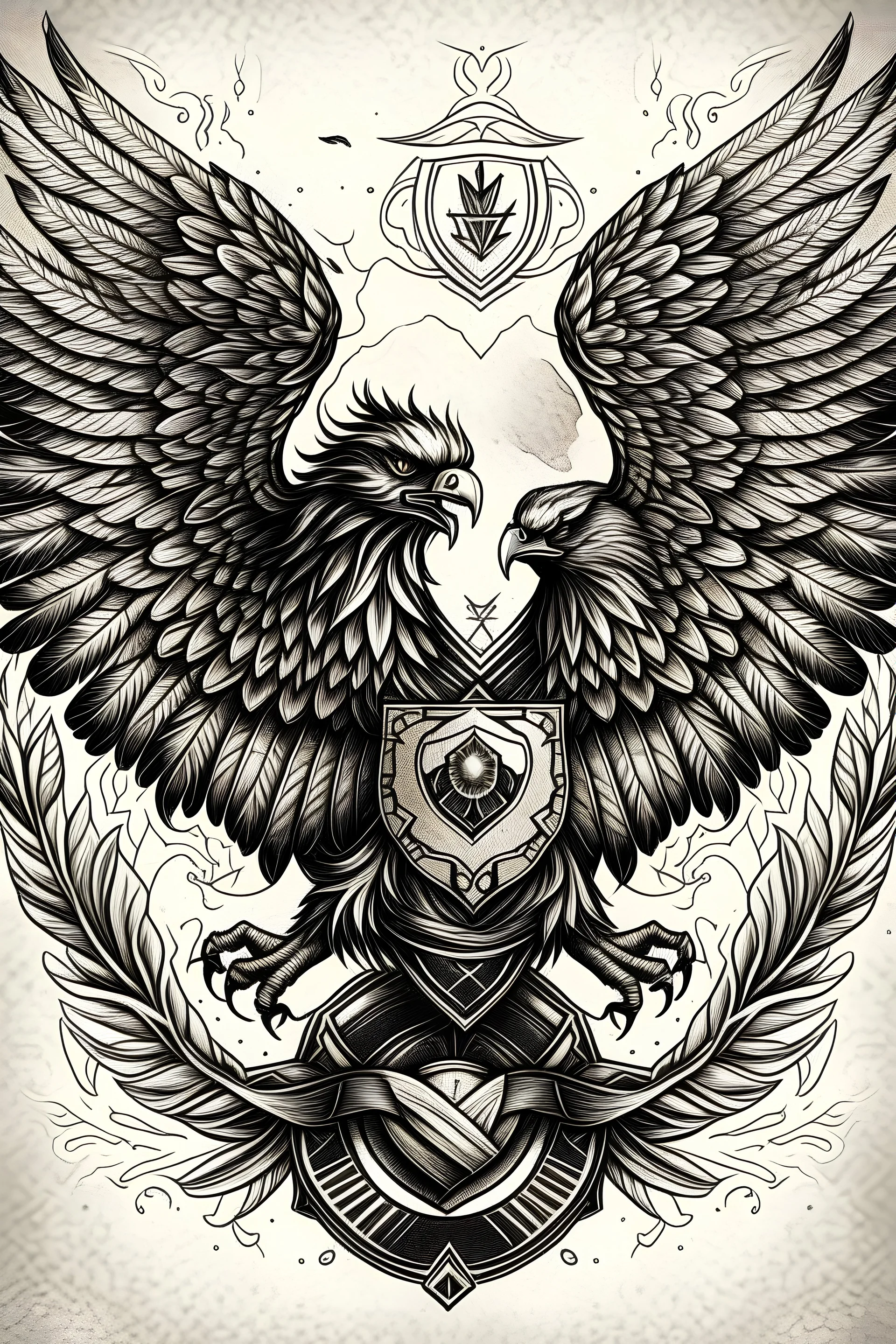 realistic depiction of the albanian double headed eagle as a tattoo, underneath the eagle the words ''Vini - Vidi - Vici'' are written with dots in between each word, and it curves perfectly with the albanian eagles wings as a wholesome and unique tattoo piece.